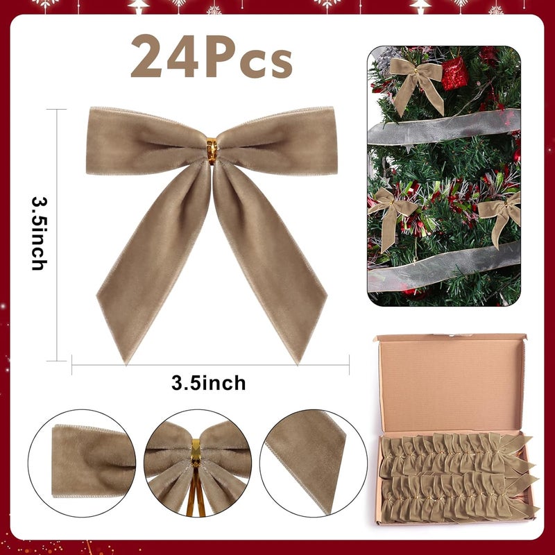 Utehilly 24 Pcs Light brown Small Velvet Christmas Bows for Christmas Tree, Wreath, Gift Wrapping, Crafts, Wedding, Party, Twist Tie Bows for Treat Bag Bakery Candy Bags, Home Decor 1"W,3.5 x 3.5 inch - Image 3